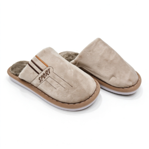 MU10421 BEIGE Ανδρικές παντόφλες με ζεστή επένδυση και χοντρή σόλα, με κέντημα SPORT και χρωματιστές ρίγες